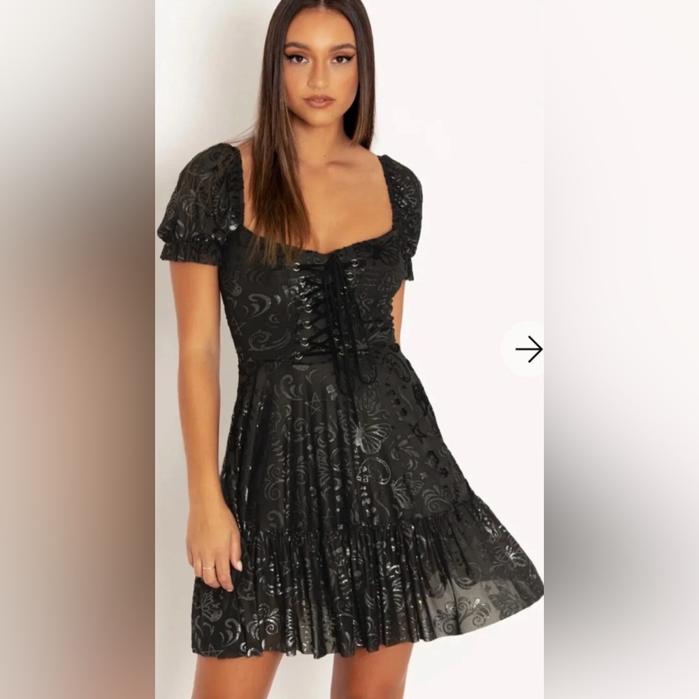 NWT BlackMilk Burned Velvet Skull Butterfly Garden Corseted Dress in Pewter L